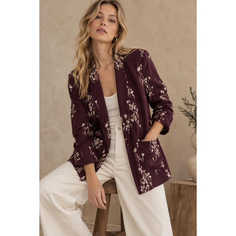 ett twa Anthropologie Tavie Blazer Boho Floral Satin Jacket Pockets Size S